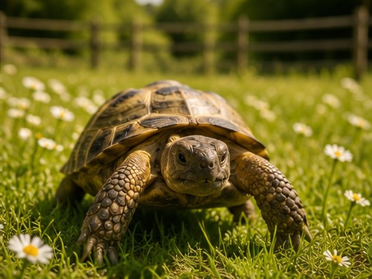 A tortoise walking through the grass at Model Farm