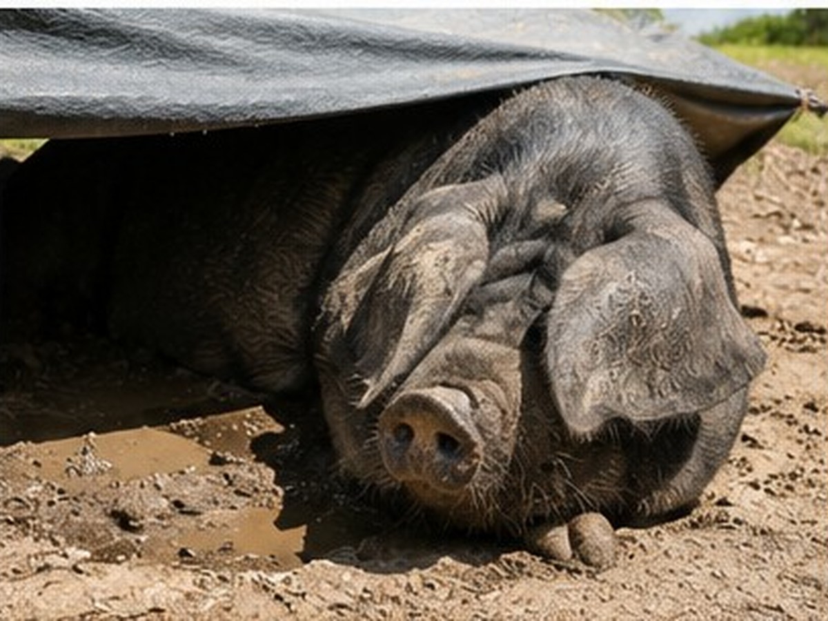 Bernard Roy, a large black pig lying in the shade of his paddock at Model Farm