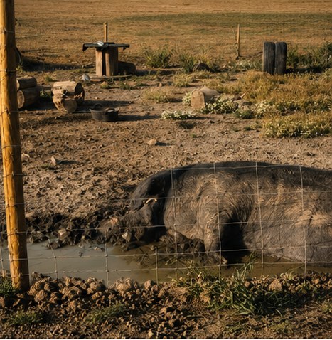 A pig cooling off in its paddock at Model Farm