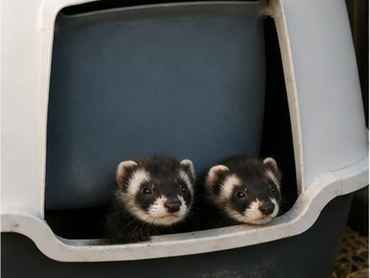 Two ferrets looking out of their bed at Model Farm