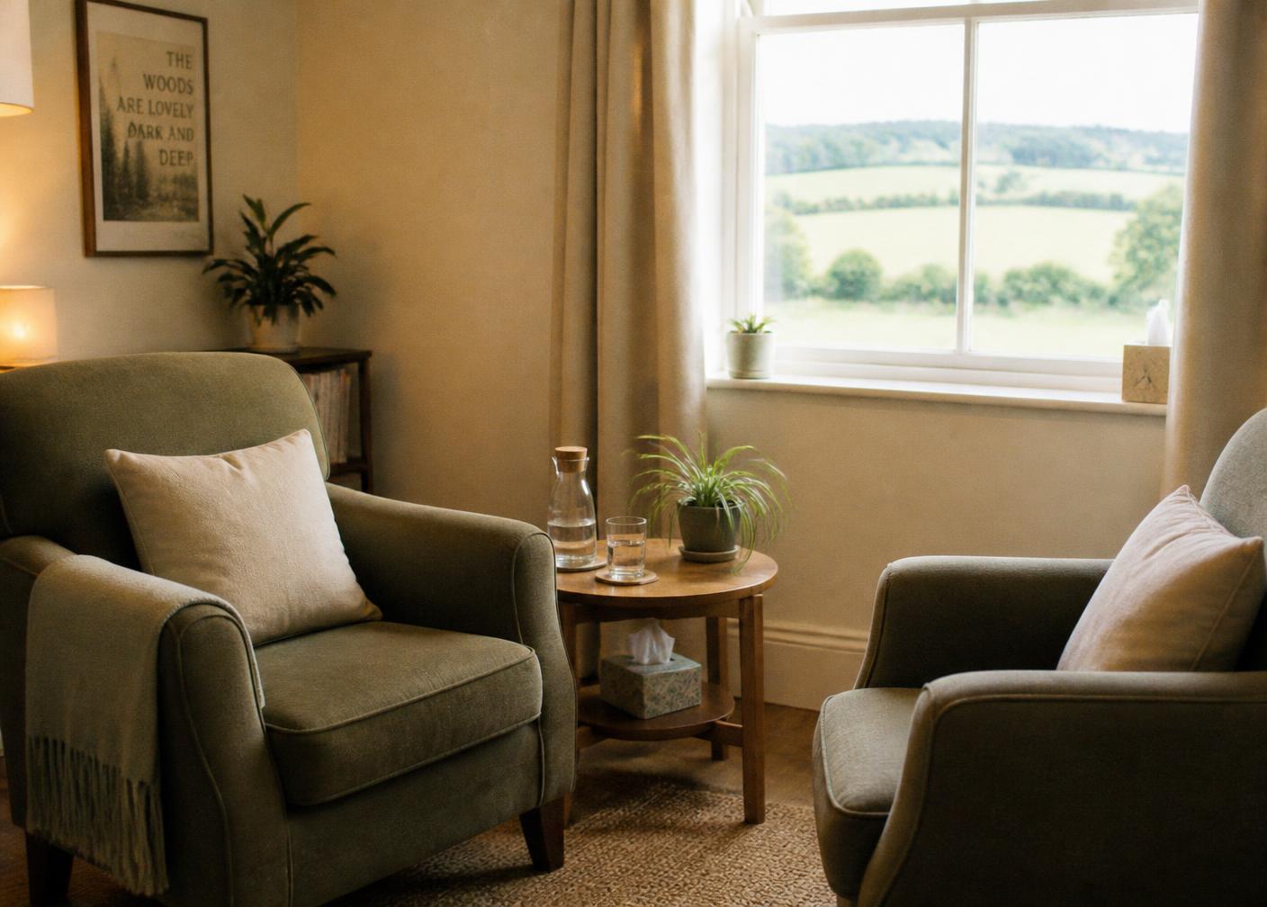 A quiet room with two armchairs looking out over fields, used for one-to-one conversations